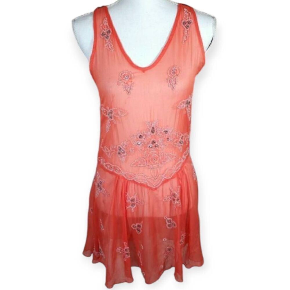FOREVER 21 ORANGE/CORAL EMBELLISHED SHEER DRESS/COVERUP SZ.M EUC.
